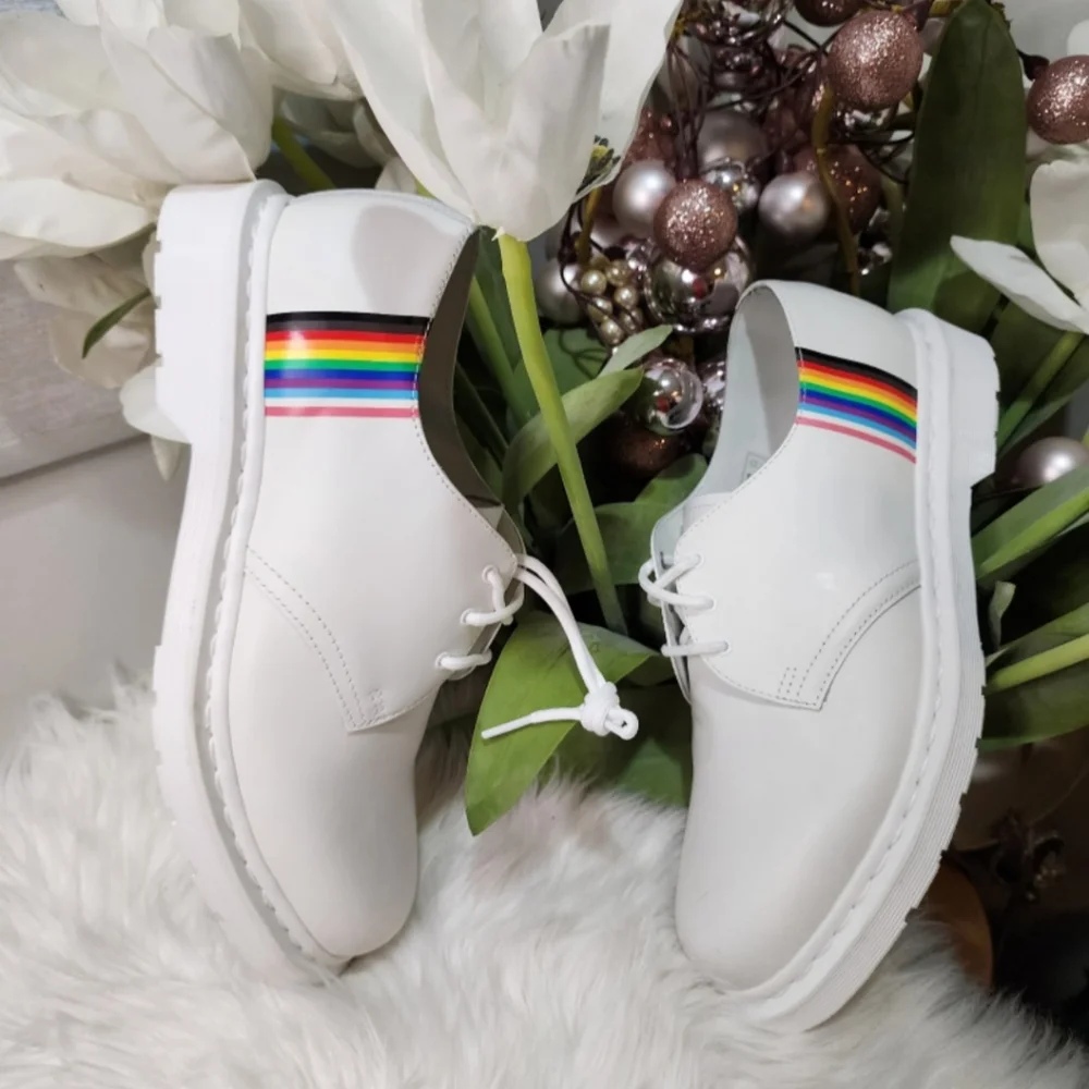 Dr. Martens 27522 Women's Sz 12 Pride Derby Rainbow White Leather Shoes size12